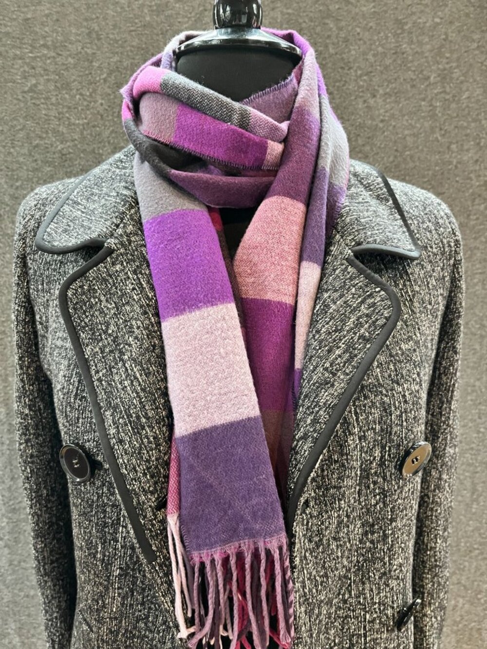 12x62 V Fraas cashmink purple lilac block patchwork scarf with twisted fringe